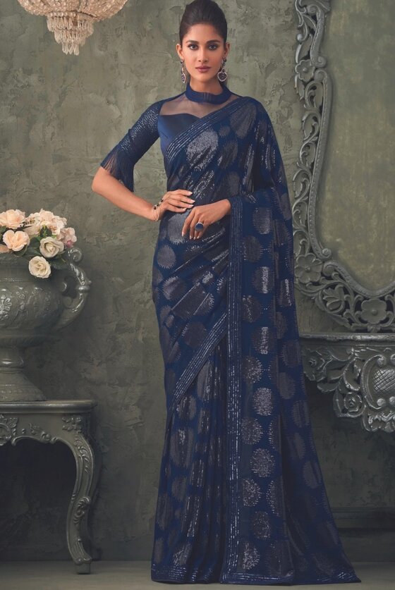 Blue Sequins Designer Georgette Saree