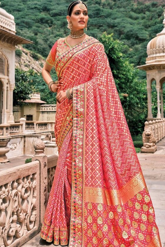 Carmine Pink Patan Patola Silk Saree With Heavy Embroidered Blouse