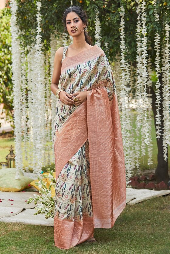 Beige Silk Saree With Kashmiri Floral Print