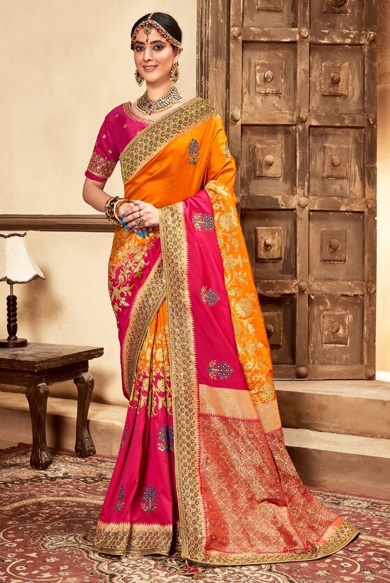 Orange And Pink Woven Banarasi Silk Embroidered Saree