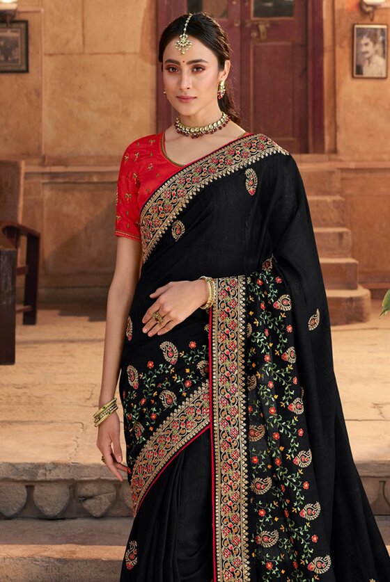 Black Designer Embroidered Silk Saree