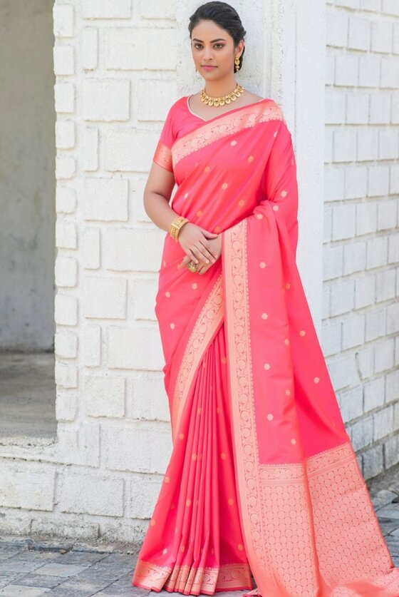 Punch Pink Zari Woven Banarasi Silk Saree