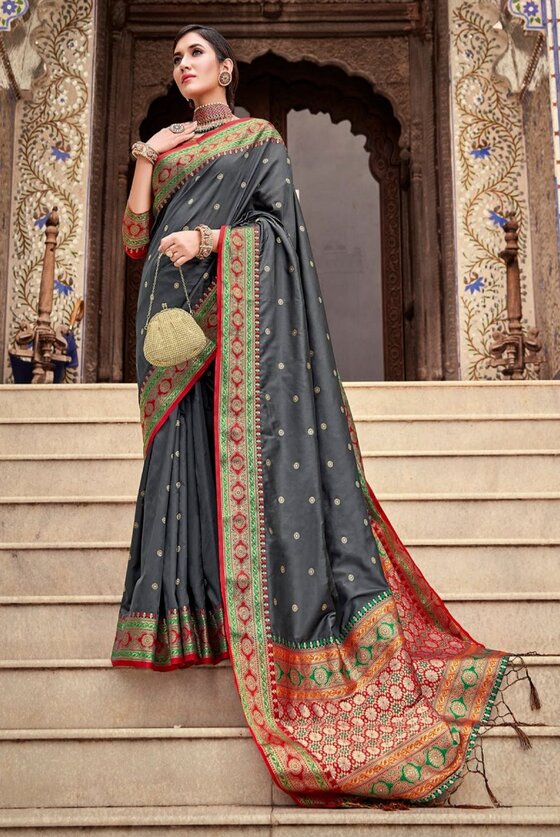 Mountain Grey Woven Banarasi Soft Silk Saree