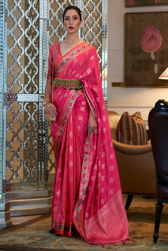 Raspberry Pink Woven Banarasi Saree With Brocade Blouse