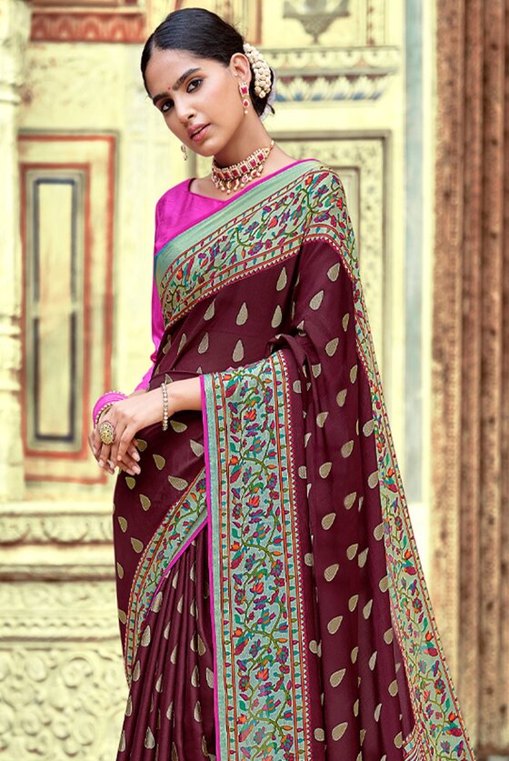 Maroon Beautiful Floral Border Paithani Silk Saree