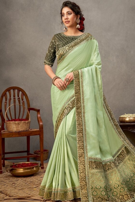 Mint Green Tussar Silk Saree With Zari & Sequins Embroidery