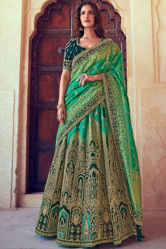 Jungle Green Banarasi Silk Lehenga Choli With Heavy Embroidery Blouse & Border