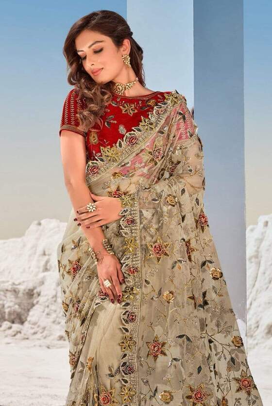 Beige Net Designer Saree