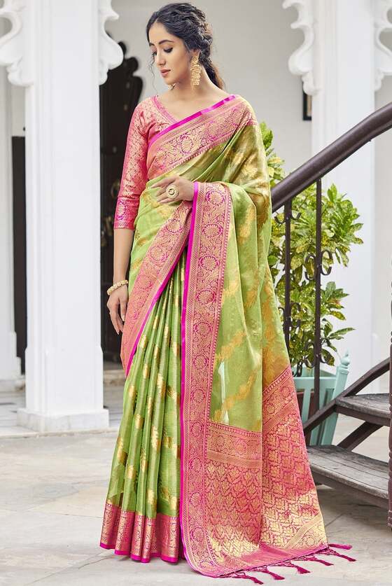 Sheen Green Woven Tissue Silk Saree With Banarasi Border & Pallu