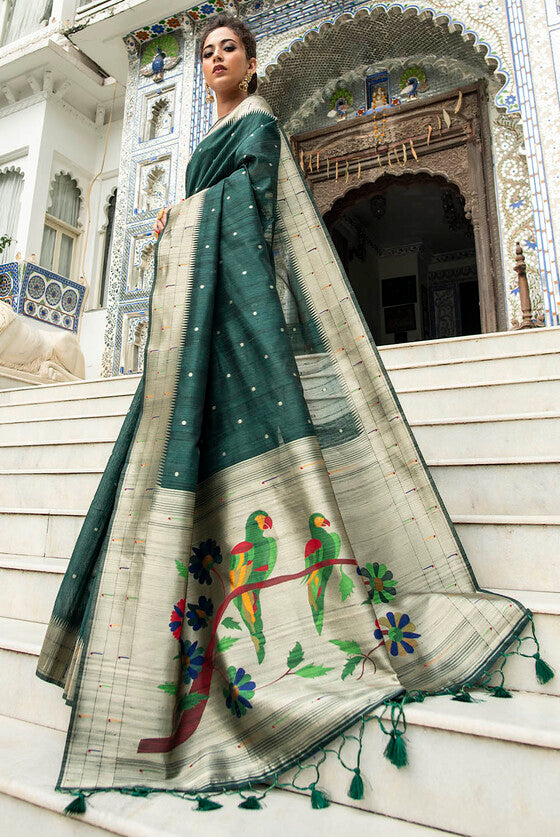 Sacramento Green Tussar Silk Zari Woven Saree With Paithani Border And Pallu