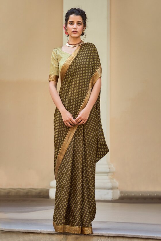 Moss Green Printed Banarasi Silk Saree