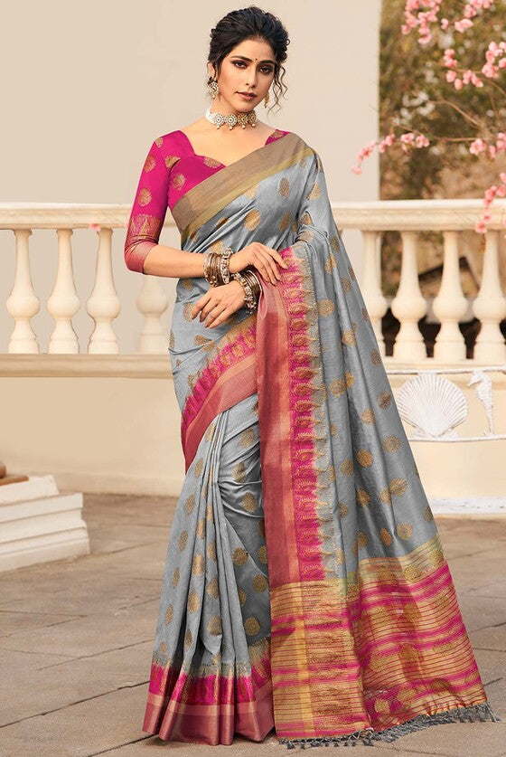 Harbor Gray Zari Butta Woven Banarasi Silk Saree