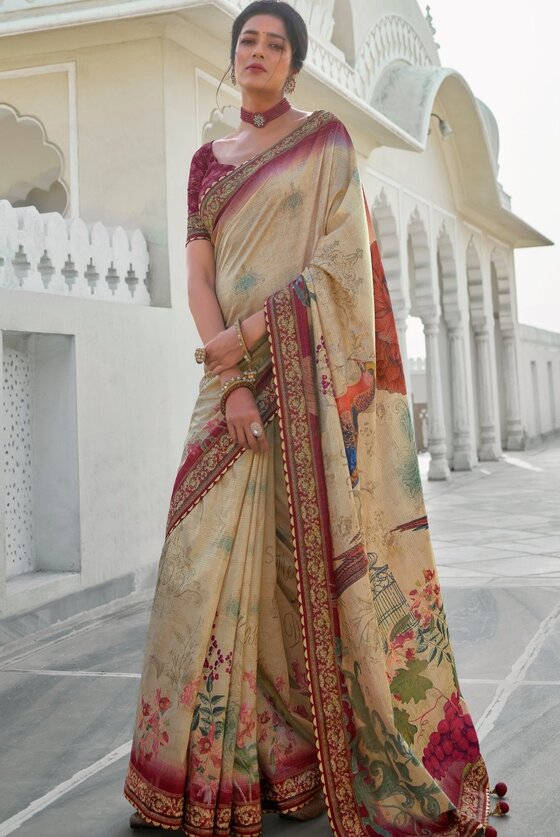 Wheat Brown Floral Digital Print Silk Saree