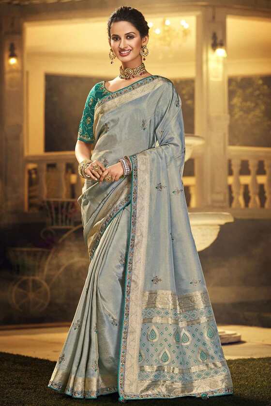 Light Sky Blue Designer Silk Saree With Embroidered Blouse