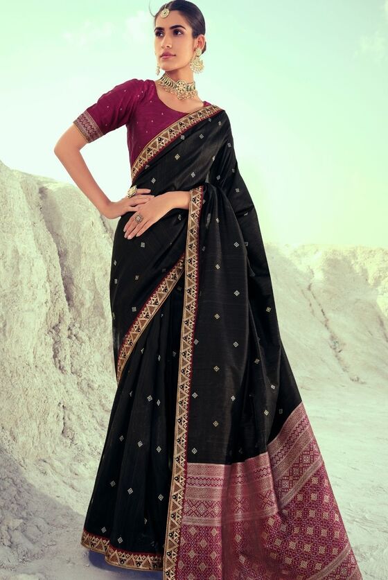 Jade Black Woven Banarasi Silk Saree With Embroidered Border & Swarovski Work