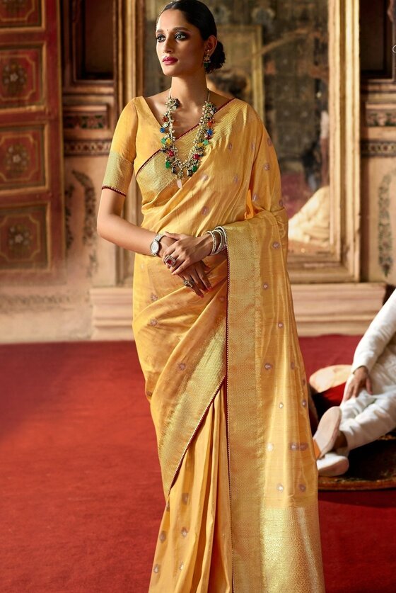 Yellow Zari Woven Raw Silk Fusion Banarasi Saree