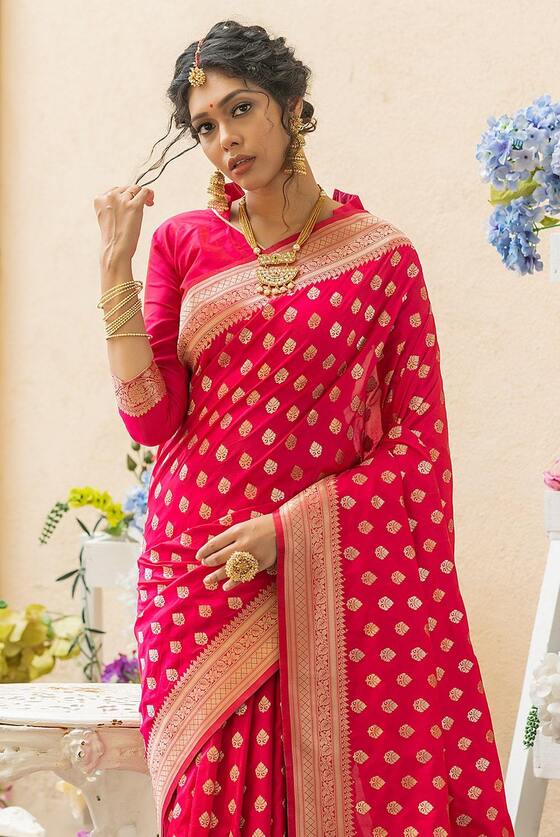 Pink Banarasi Butti Zari Woven Silk Saree