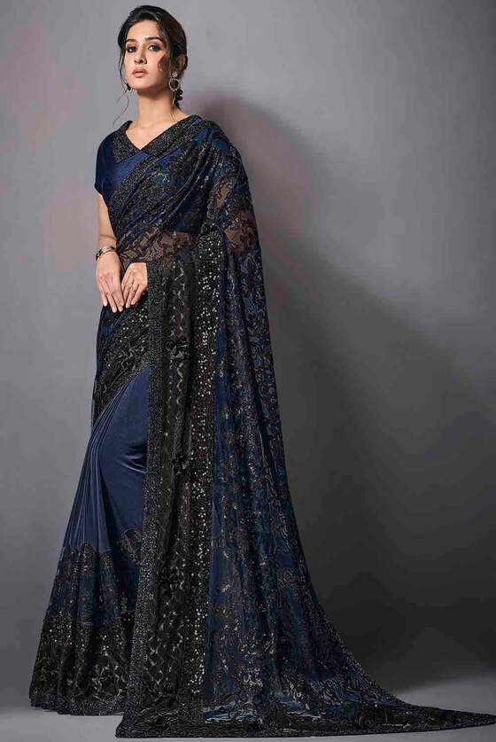 Navy Blue Designer Lycra Saree With Sequins Embroidery