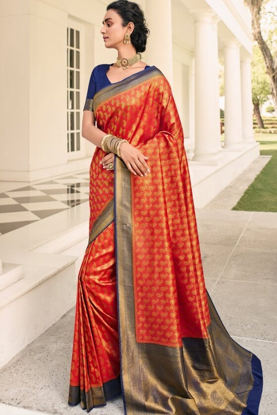 Tiger Orange Woven Kanjivaram Silk Saree With Contrast Border & Pallu