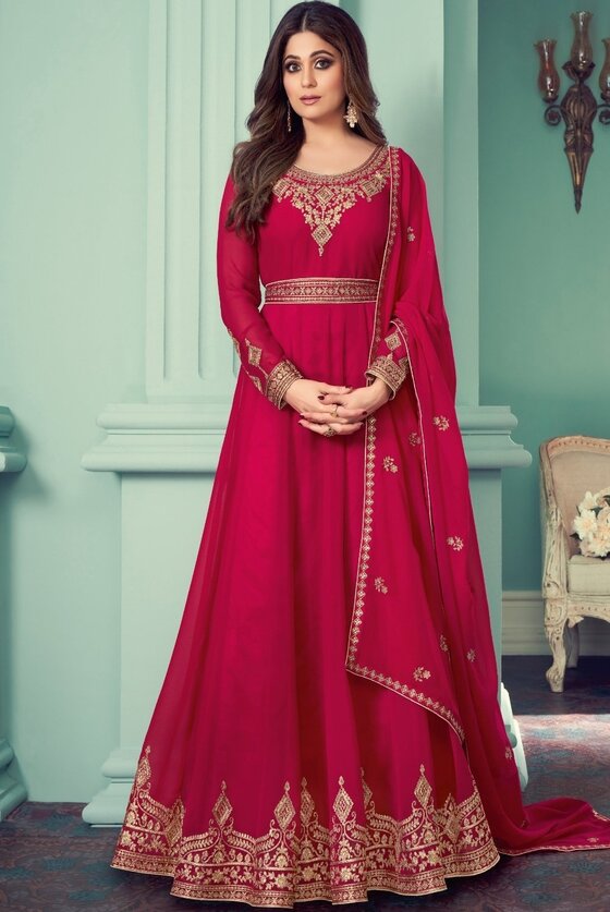 Cerise Pink Georgette Embroidered Anarkali Suit