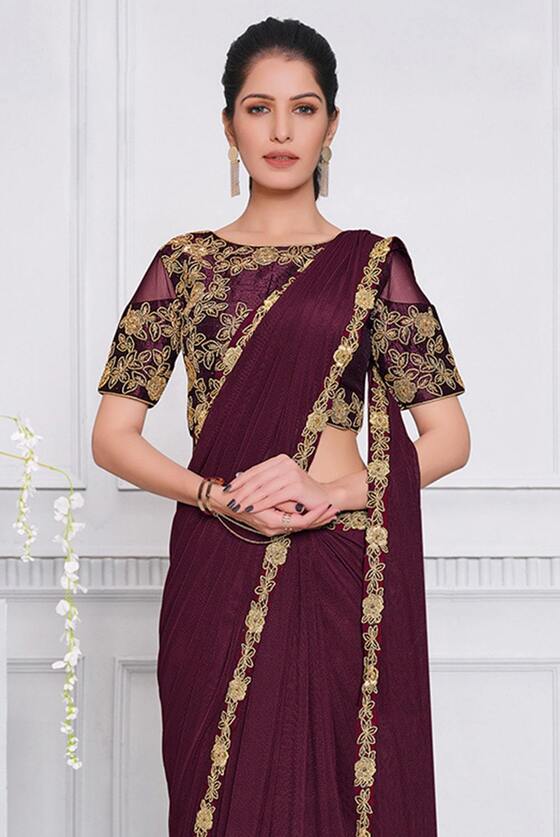 Plum Purple Ready to wear designer Lycra Silk saree