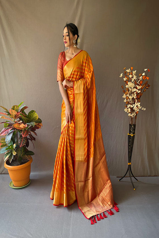 Orange Banarasi Silk Golden Zari Woven Silk Saree