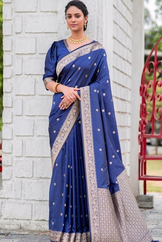 Midnight Blue Zari Woven Banarasi Silk Saree