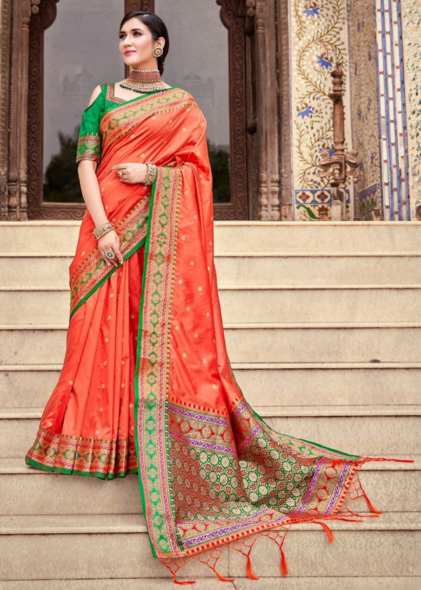 Orange Woven Banarasi Soft Silk Saree