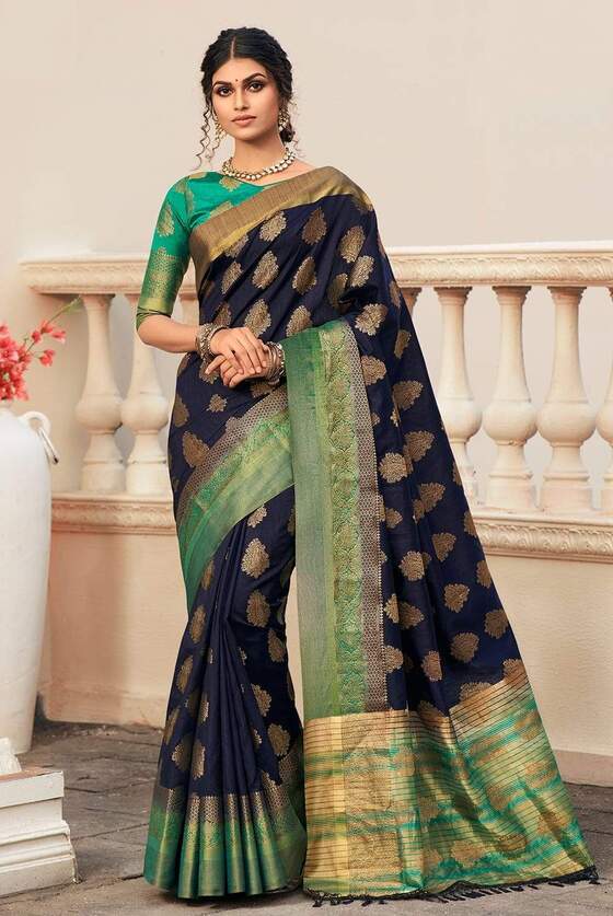 Indigo Blue Zari Butta Woven Banarasi Silk Saree