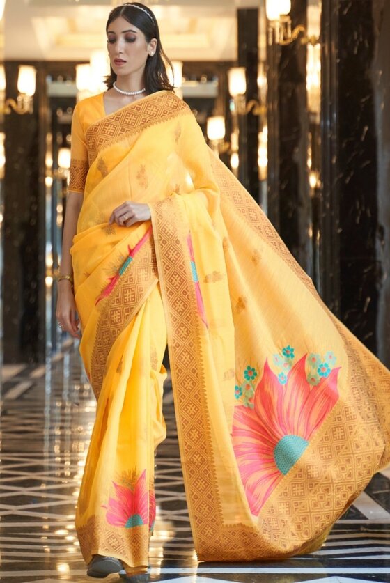 Yellow Zari Woven Linen Silk Saree