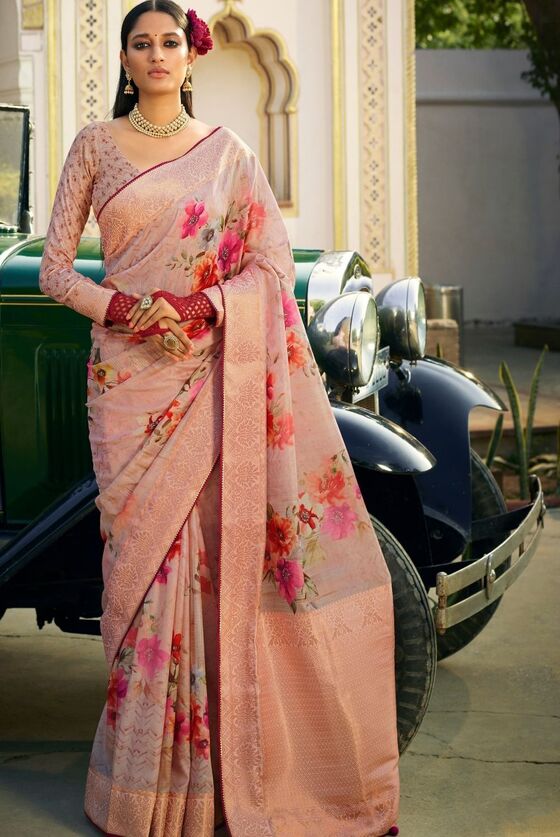 Peach Pink Floral Tissue Silk saree