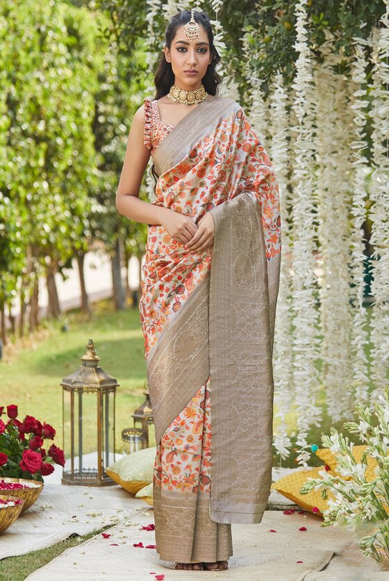 Orange Blossom Silk Saree With Kashmiri Floral Print