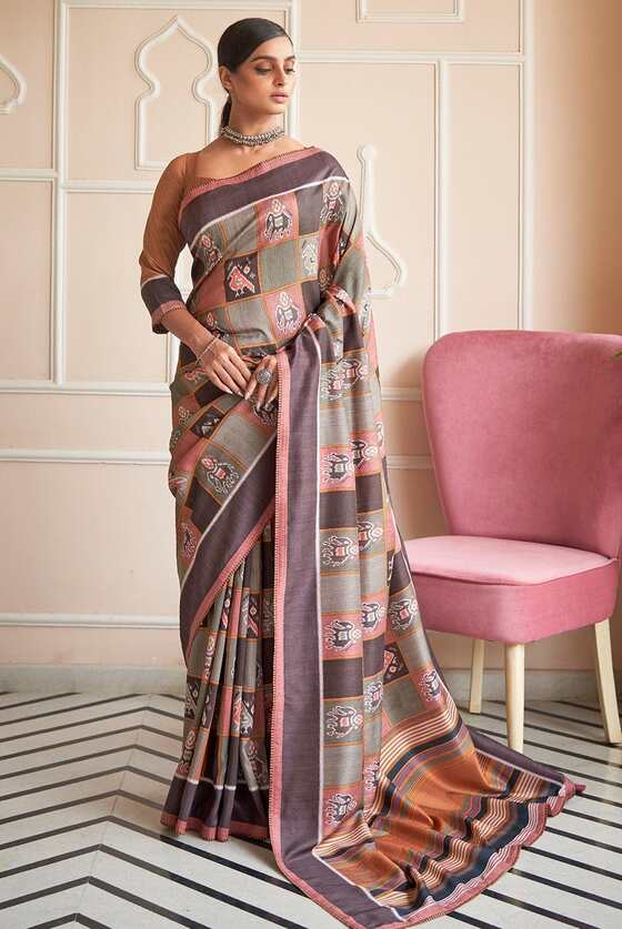 Brown Grey Mughal Inspired Digital Print Saree