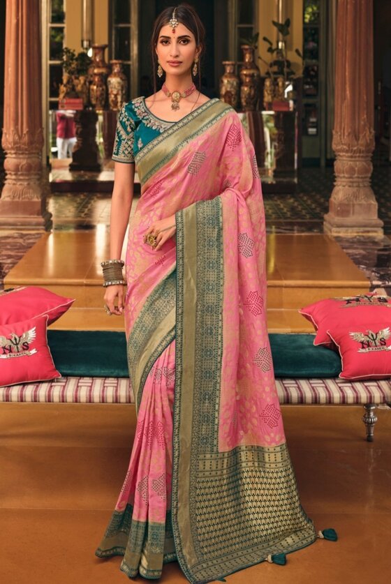 Vivid Pink Woven Banarasi Silk Saree With Embroidered Blouse