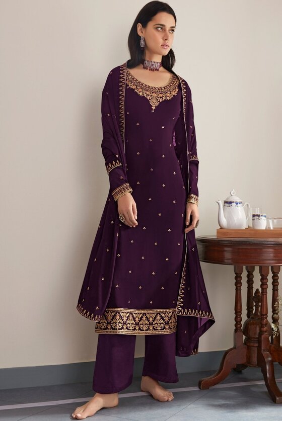 Sangria Purple Georgette Embroidered Anarkali Suit