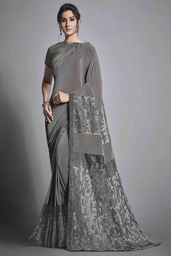 Ash Grey Designer Lycra Saree With Sequins Embroidery