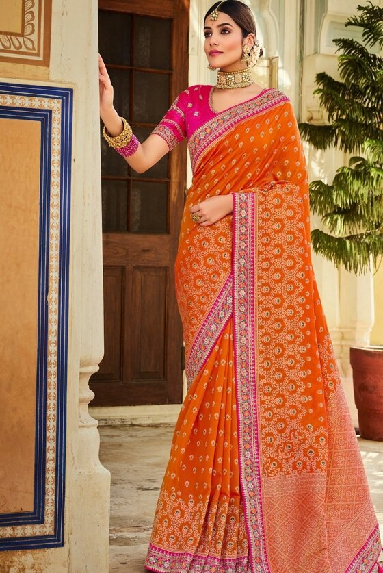 Rust Orange Exclusive Banarasi Silk Saree With Embroidered Blouse