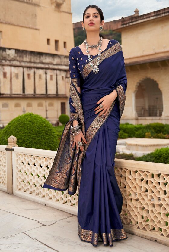 Navy Blue Woven Banarasi Silk Saree