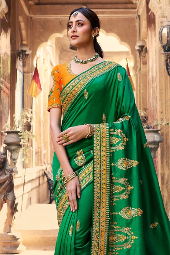 Green Designer Embroidered Silk Saree