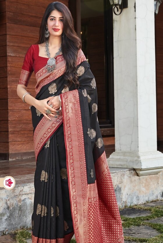 Midnight Black Zari Woven Banarasi Silk Saree