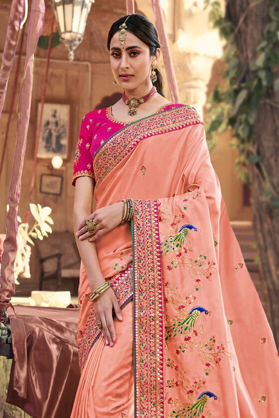 Pale Blush Designer Embroidered Silk Saree