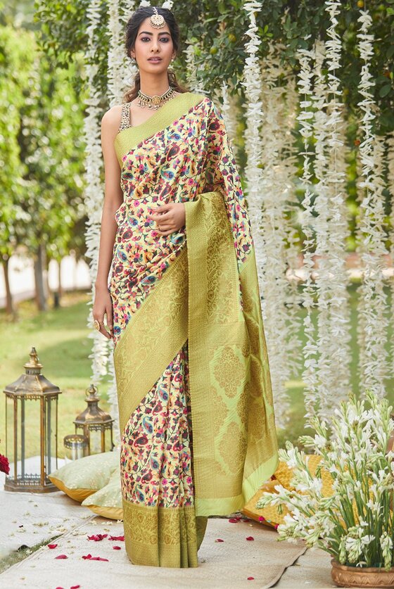 Fresh Yellow Silk Saree With Kashmiri Floral Print