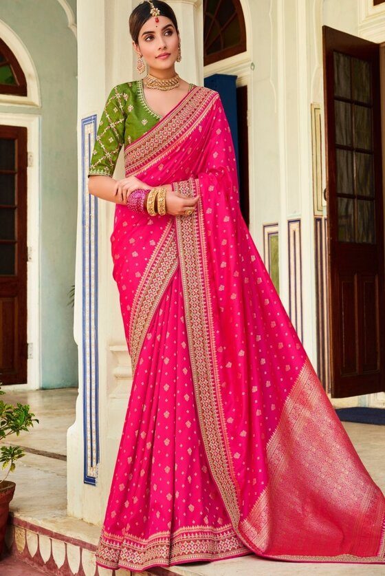 Magenta Pink Exclusive Banarasi Silk Saree With Embroidered Blouse