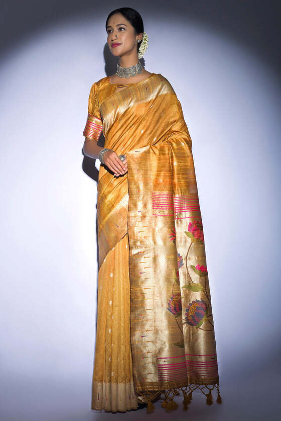 Mustard Yellow Tussar Silk Zari Woven Saree With Paithani Border And Pallu