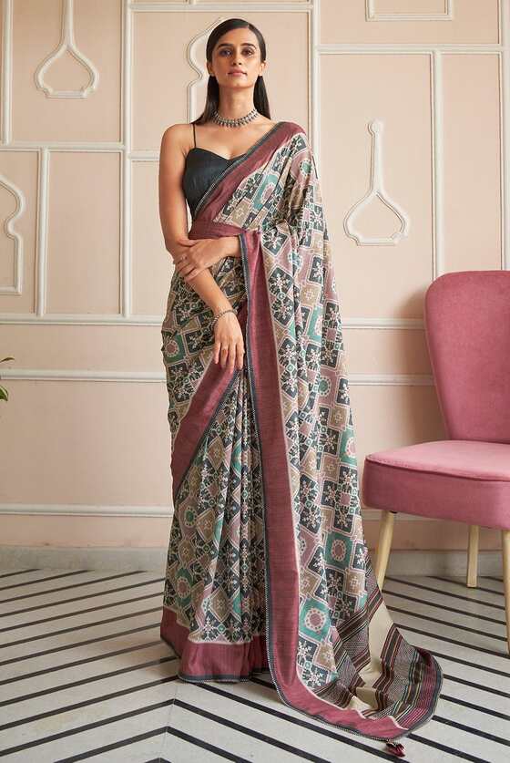 Grey Maroon Mughal Inspired Digital Print Saree