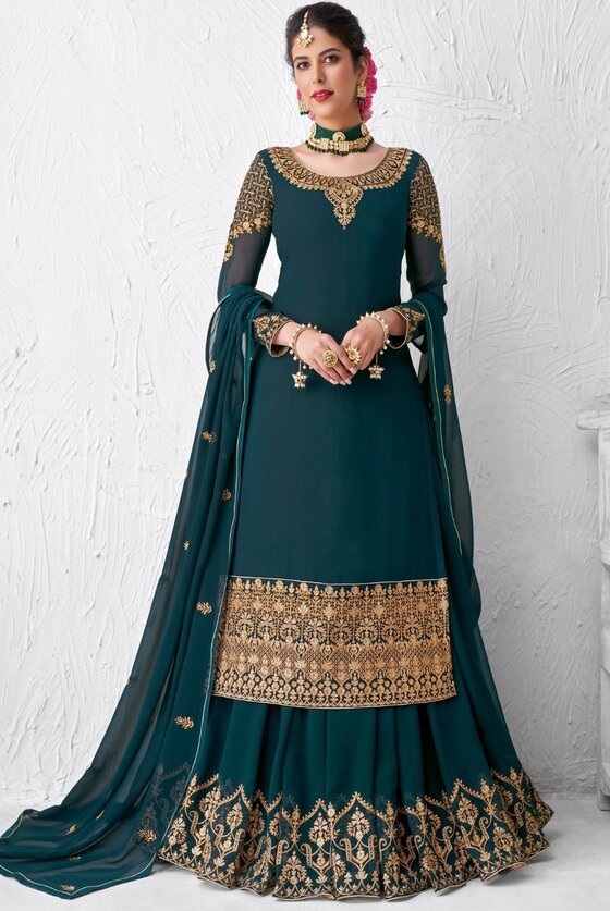 Prussian Blue straight cut paired with an Embroidered Lehenga