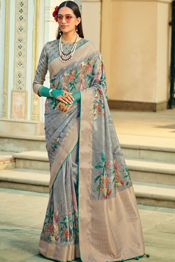 Lava Grey Floral Tissue Silk saree