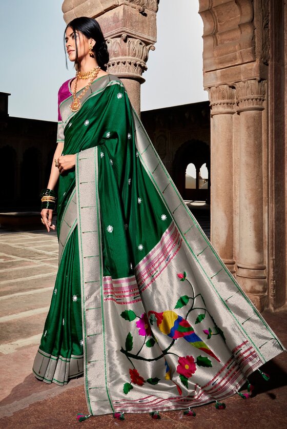 Bronze Green Woven Banarasi Silk Paithani Saree