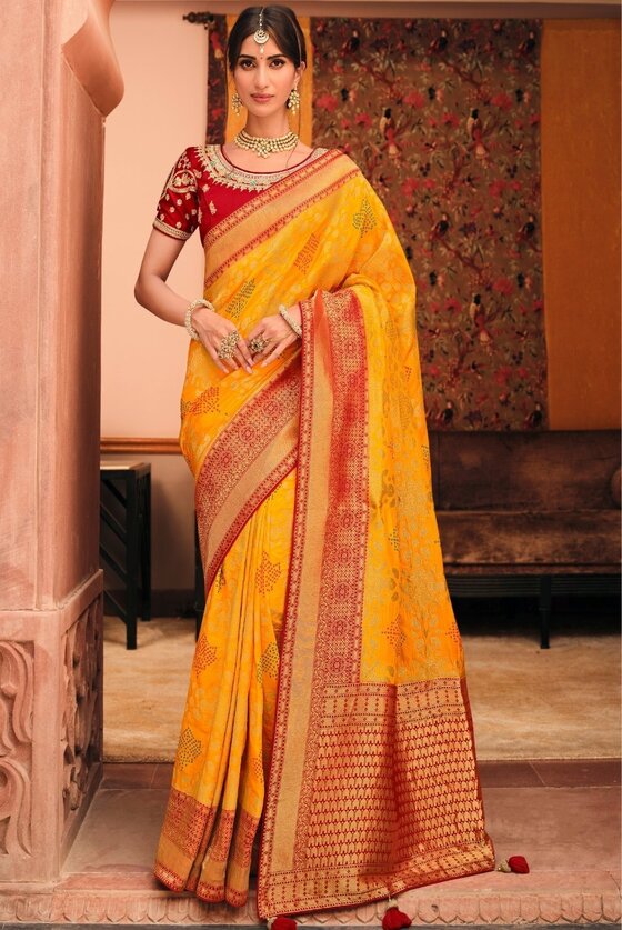 Saffron Yellow Woven Banarasi Silk Saree With Embroidered Blouse