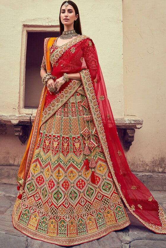 Lipstick Red Banarasi Silk Lehenga Choli With Jarkan,Cutdana, And Hand Embroidery Work